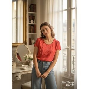 NY&C Coral Pink Scallop Ruffle Front Blouse | Coquette Romantic Top XS Dollette